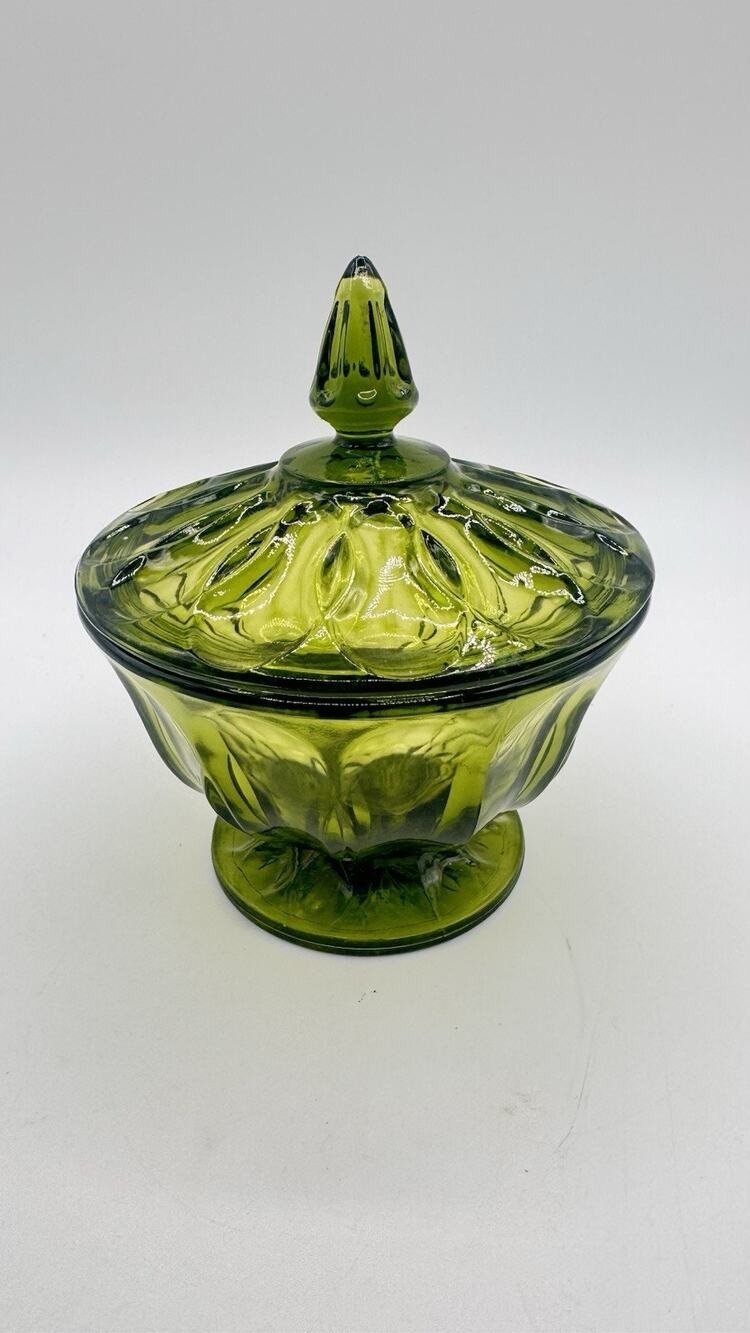 Indiana Glass Avocado Green Footed Candy Dish with Lid Vintage
